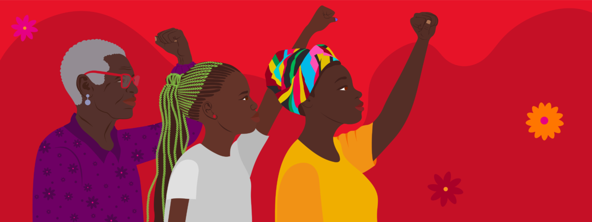 Invest in Her! Today you can make a gift to empower the women leading community responses to build an AIDS-free future. Donate now! An illustration depicting three generations of women raising their fists.
