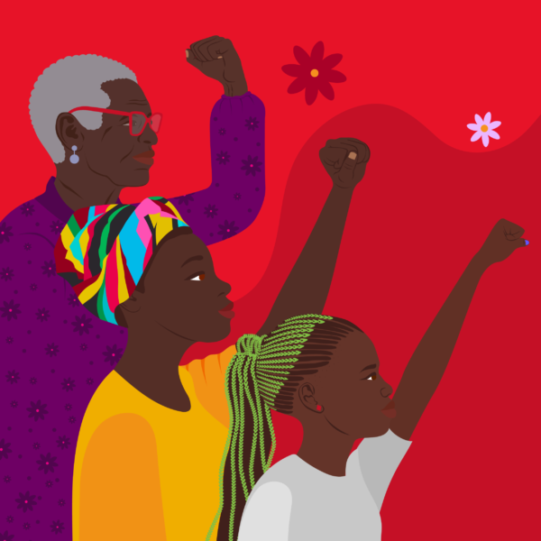 Invest in Her! Today you can make a gift to empower the women leading community responses to build an AIDS-free future. Donate now! An illustration depicting three generations of women raising their fists.
